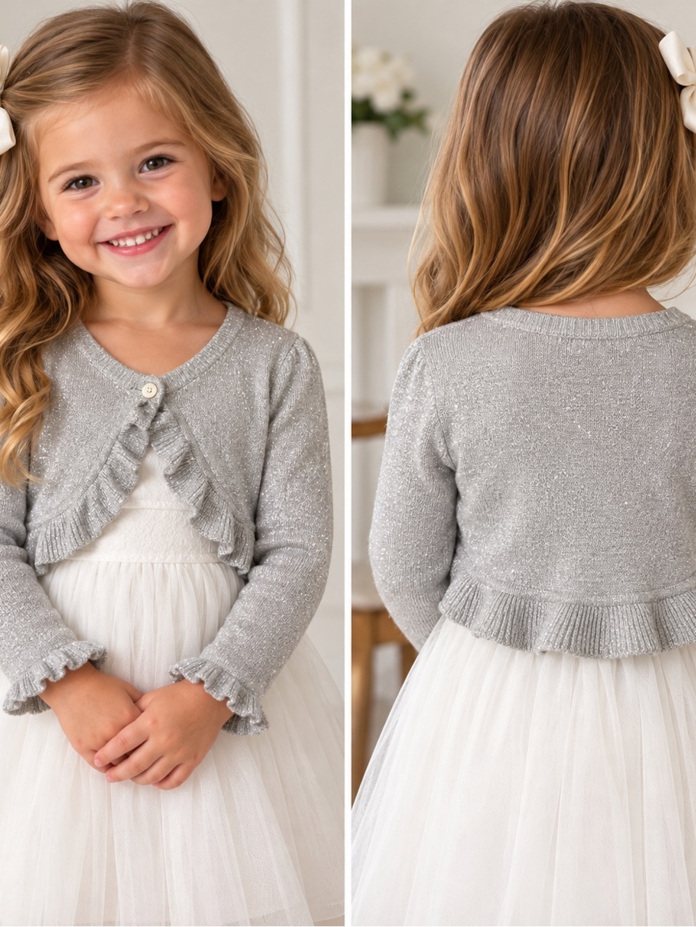 This is an H&M Girls Metallic Silver Knit Bolero/Cardigan, size 2–4Y